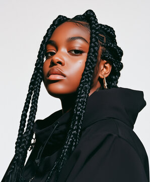 Black teenage girl with long braids, wearing black streetwear and gold earrings, hip-hop style.  .