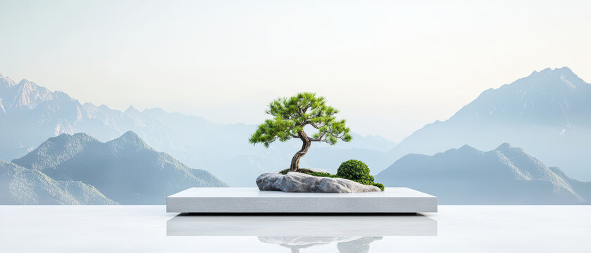 serene bonsai tree on minimalist podium, surrounded by mountains, evokes tranquility and harmony in nature. This peaceful Zen garden scene inspires relaxation and mindfulness