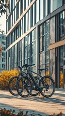 Fototapeta premium Modern Electric Bikes Parked Near City Building
