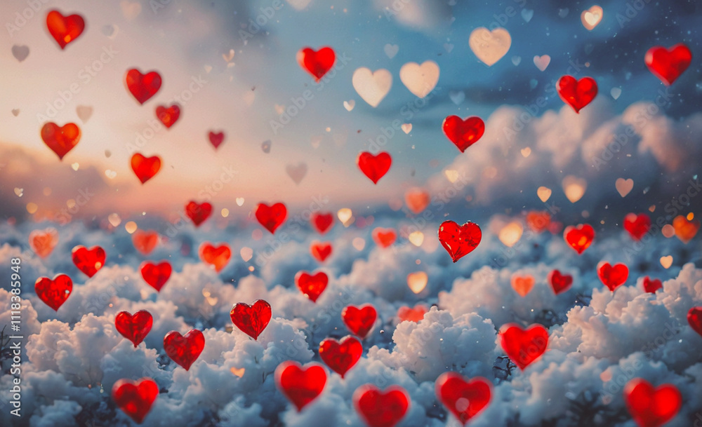 Poster a field of red hearts floating in the sky. the sky is blue and cloudy. the hearts are scattered all 