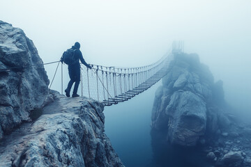 Adventurer crossing a rugged suspension bridge amidst dense fog in a remote mountain area