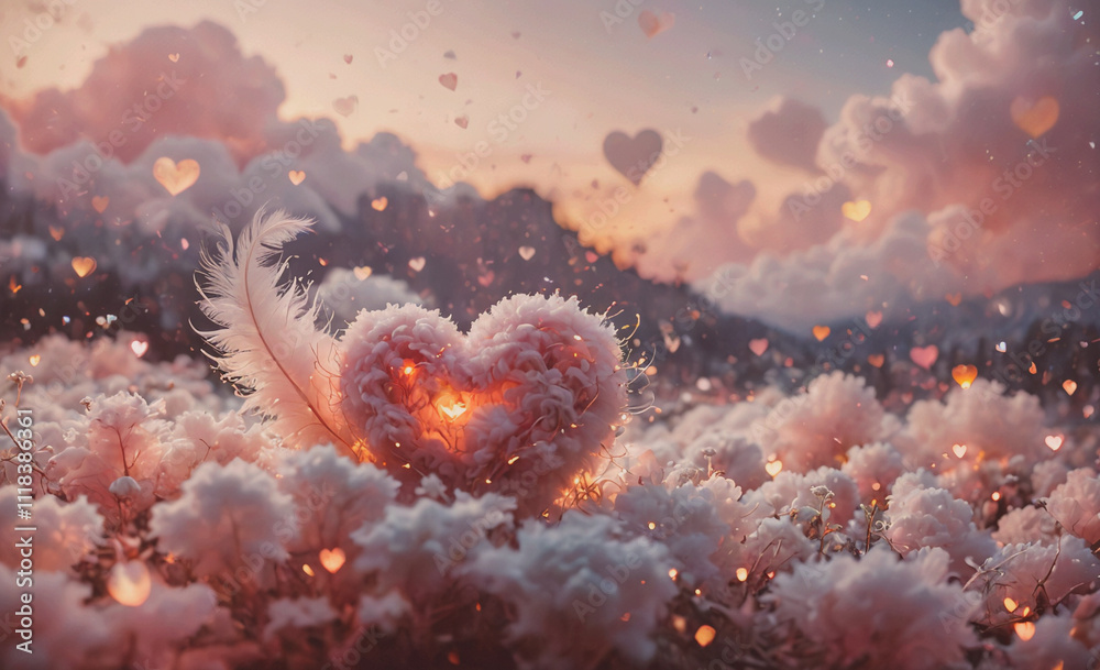 Poster a heart made of feathers is floating in a field of snow. the scene is serene and peaceful, with the 