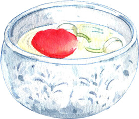Hand-drawn Thai Water Bowl with Flowers Inside Watercolor