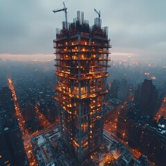 A towering construction site illuminated at dusk amidst a cityscape.
