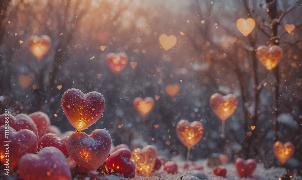 Poster a snowy forest with many red hearts scattered throughout. the hearts are lit up, creating a warm and