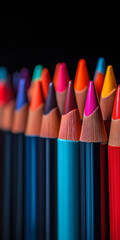 Row of Colored Pencils on Black Background
