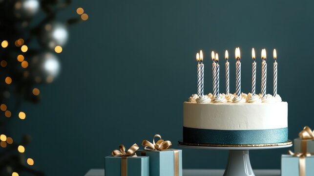 Elegant birthday scene, stylish cake with candles, luxury gift boxes, and a sophisticated greeting card