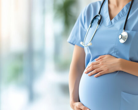 Healthcare worker gently placing hand on pregnant belly, showing care and support