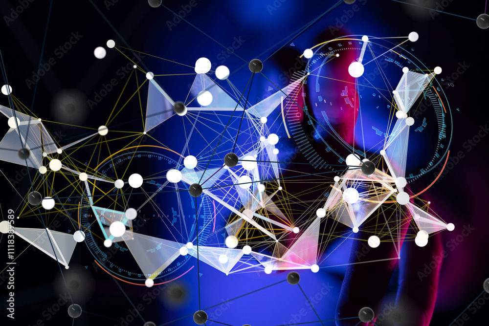 Poster Neural network 3D illustration. Big data and cybersecurity