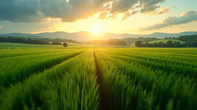 Sunrise over green fields highlights the beauty and fragility of our natural environment