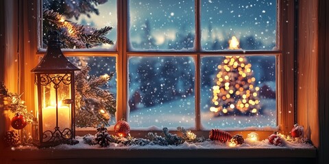 View through a romantic decorated window with lantern and candlelight to a romantically lit Christmas tree in the snow