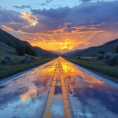 A tranquil road reflecting a vibrant sunset amidst mountains and clouds.