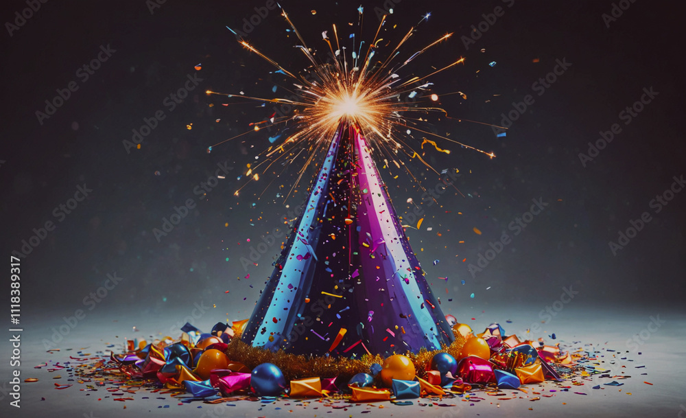 Poster A colorful party hat with confetti and sparkles on the bottom. The hat is surrounded by a pile of confetti and sparkles, creating a festive and celebratory atmosphere