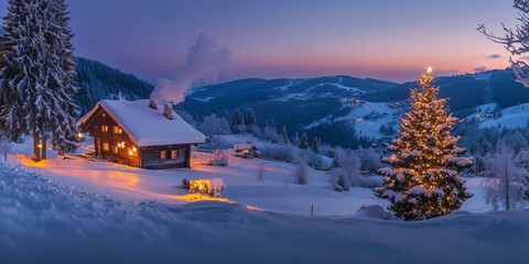 Fototapeta premium a christmas tree with candles stands in the snow next to a lonely romantically lit hut in mountains