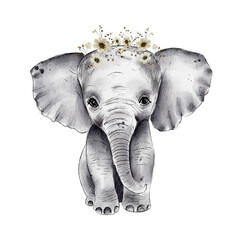 Watercolor Baby Elephant. cute cartoon illustration. Isolated on a white background.