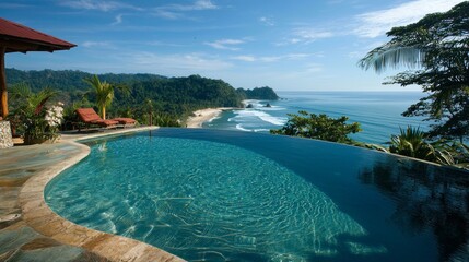 Fototapeta premium Tranquil Infinity Pool Overlooking Tropical Paradise in Scenic Views