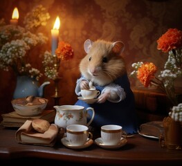 Hamster enjoys tea time amidst flowers and candles in cozy setting