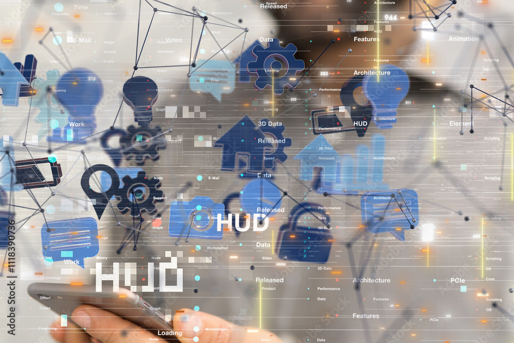 Poster Neural network 3D illustration. Big data and cybersecurity