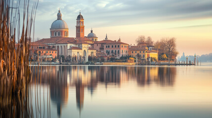 Obraz premium serene view of historic town by water, featuring beautiful architecture and reflections in calm lake