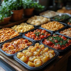 A variety of delicious pasta dishes displayed in containers for a feast or catering.