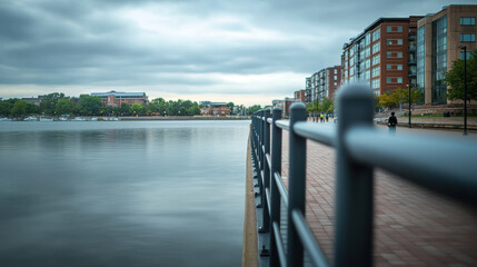 serene cityscape featuring calm river, modern buildings, and cloudy sky. peaceful atmosphere invites reflection and tranquility