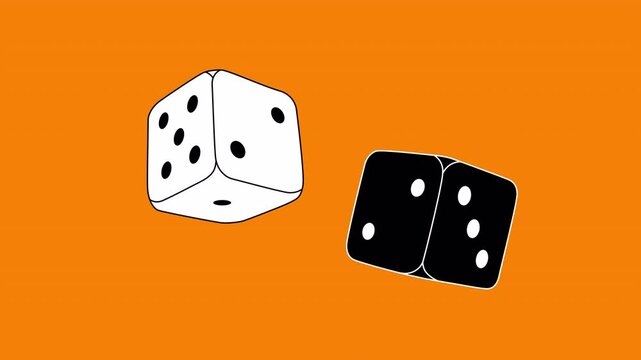 Loop cartoon 3d stroke line animation of black and white dice rotating on a transparent alpha channel