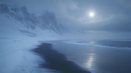 Obraz premium Moonlit winter beach with snow-covered mountains and dark ocean.