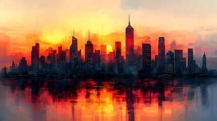Cityscape Illustration at Sunset with Reflections