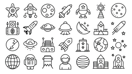 Space and Astronomy related icon editable stroke outline set of different types small icons isolated on white background flat vector illustration