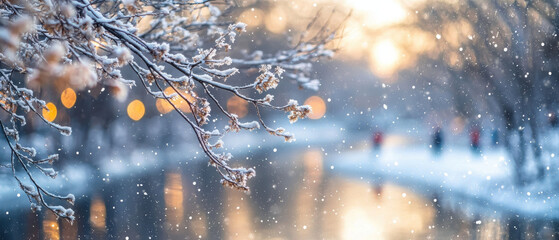 serene winter scene with snow covered branches and tranquil river, capturing beauty of falling snowflakes and soft evening light