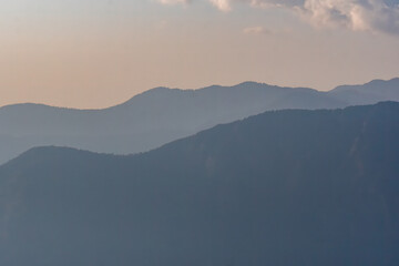 A beautiful view of Garhwal mountain range during the sunset from the outskirts of Chopta, Uttarakhand