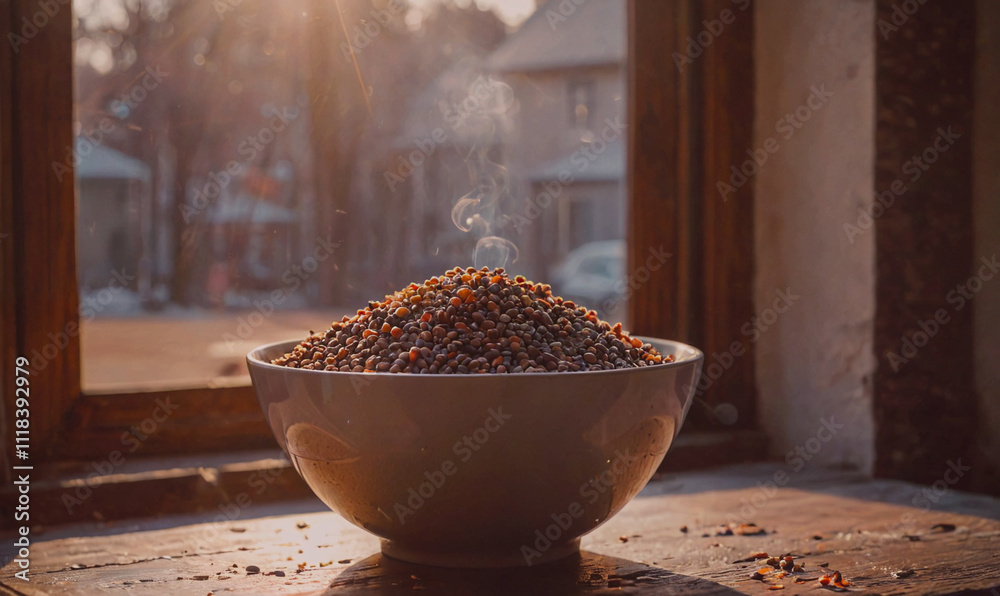 Poster a bowl of coffee beans sits on a table with a window behind it. the bowl is filled with coffee beans