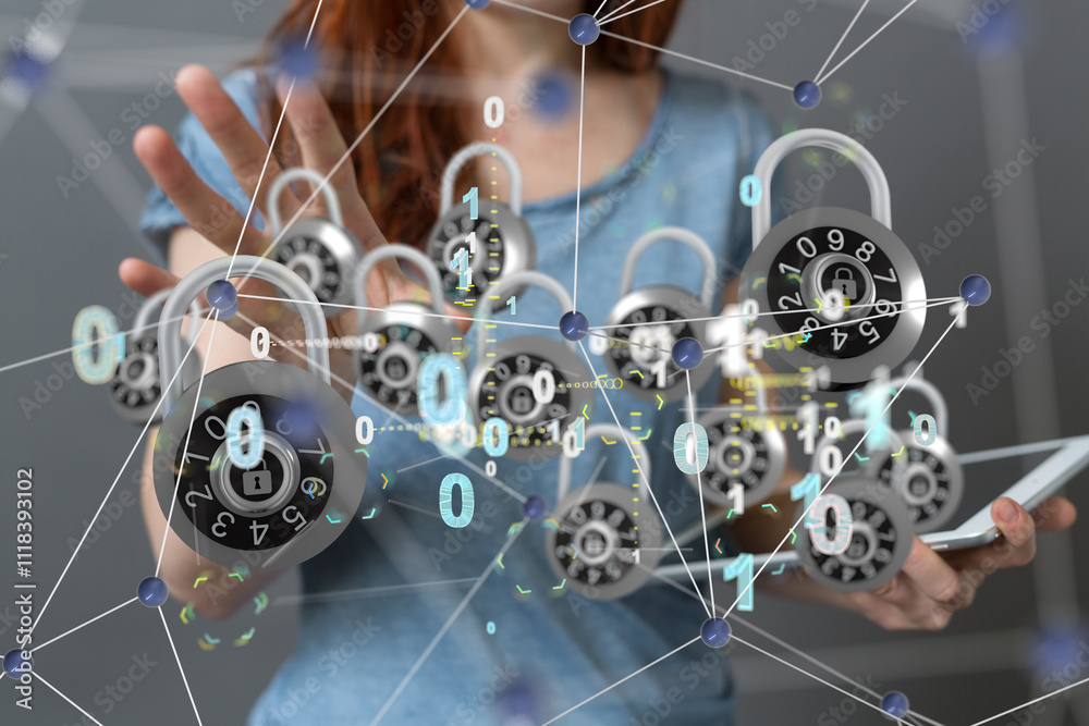 Poster Information technology protected with firewall, secure access and encryption against cyber