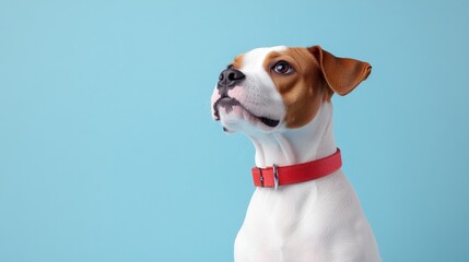 Curious Canine: A charming brown and white dog with a red collar gazes intently at something off-camera, its soulful eyes filled with curiosity and anticipation.