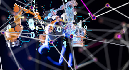 Neural network 3D illustration. Big data and cybersecurity - 3d