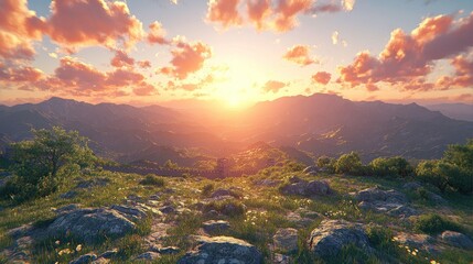Fototapeta premium Mountain vista at sunset with colorful clouds and lush greenery.