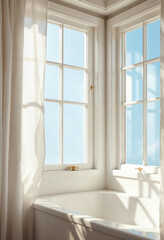 bright and airy room with a large window overlooking a cloudy sky window is framed by white curtains