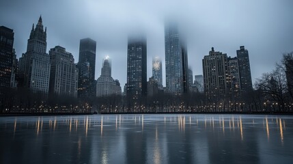 Obraz premium An empty city plaza surrounded by tall buildings under a cloudy New Year's night, faintly lit by distant fireworks.