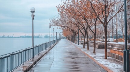 An icy footpath lined by urban blocks and sparse winter trees, set against a calm, pale background.