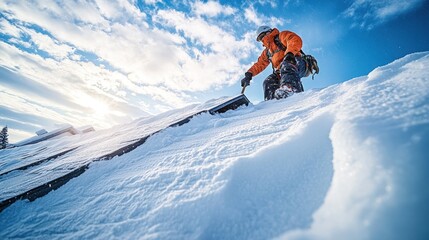 A person carefully removes snow from a rooftop solar panel installation on a snowy winter day.