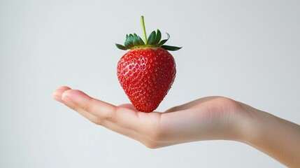 Obraz premium A person holding a sweet strawberry in the center with one hand and the other end with the other hand on a smooth white background.