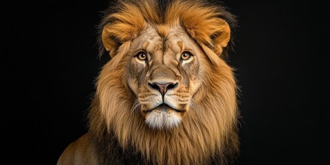 Obraz premium Majestic lion portrait against a black background.