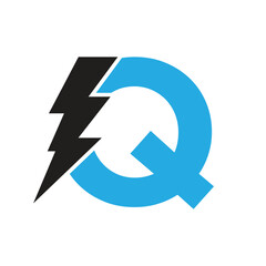 Letter Q For Electric Logo Combination With Lightning Thunder Bolt Icon. Power Logo Design