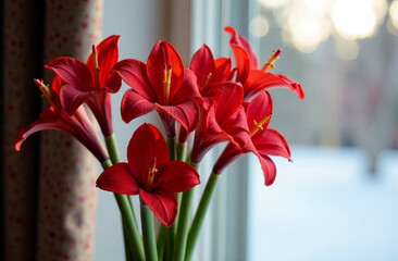 red long gladioli stand in a vase against the background of a beautiful winter window. A series of bouquets of different colors in a basket and in a vase.
