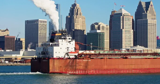 Detroit, Michigan - 2024/12/3 : Big Freighter Ship In Front Of Downtown Detroit