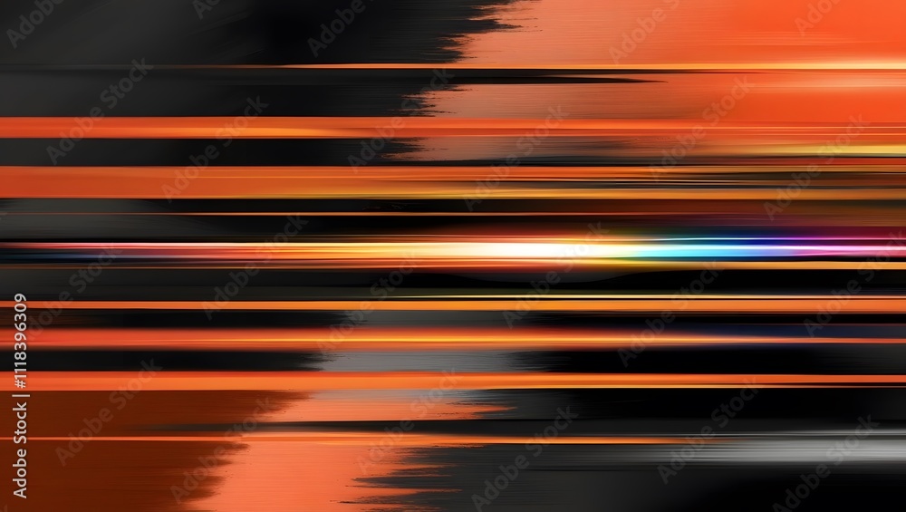 Fototapete abstract blurred background with colorful stripes of light on dark orange and black, horizontal line