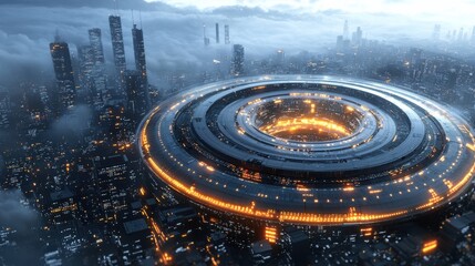 Futuristic hovercraft display over urban skyline cityscape digital art evening atmosphere aerial perspective technology concept