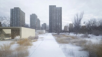 Fototapeta premium An urban pathway surrounded by minimalist towers and winter foliage, with a chilly, tranquil atmosphere.