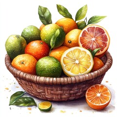 A vibrant basket filled with assorted citrus fruits, showcasing freshness and variety.