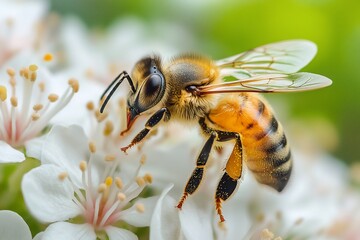 A close-up of a bee on white flowers, showcasing nature's beauty.